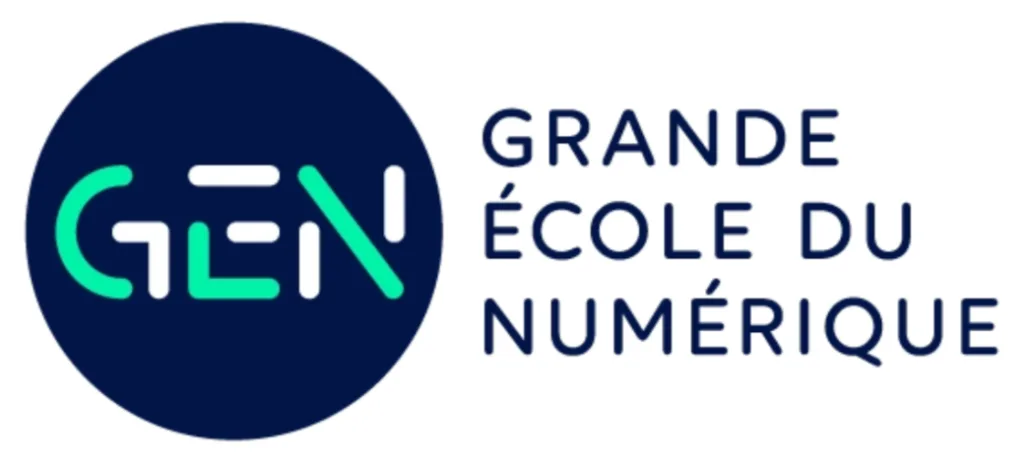 Logo vert, bleu et blanc représentant le site grande ecole du numérique label de création de sites internet